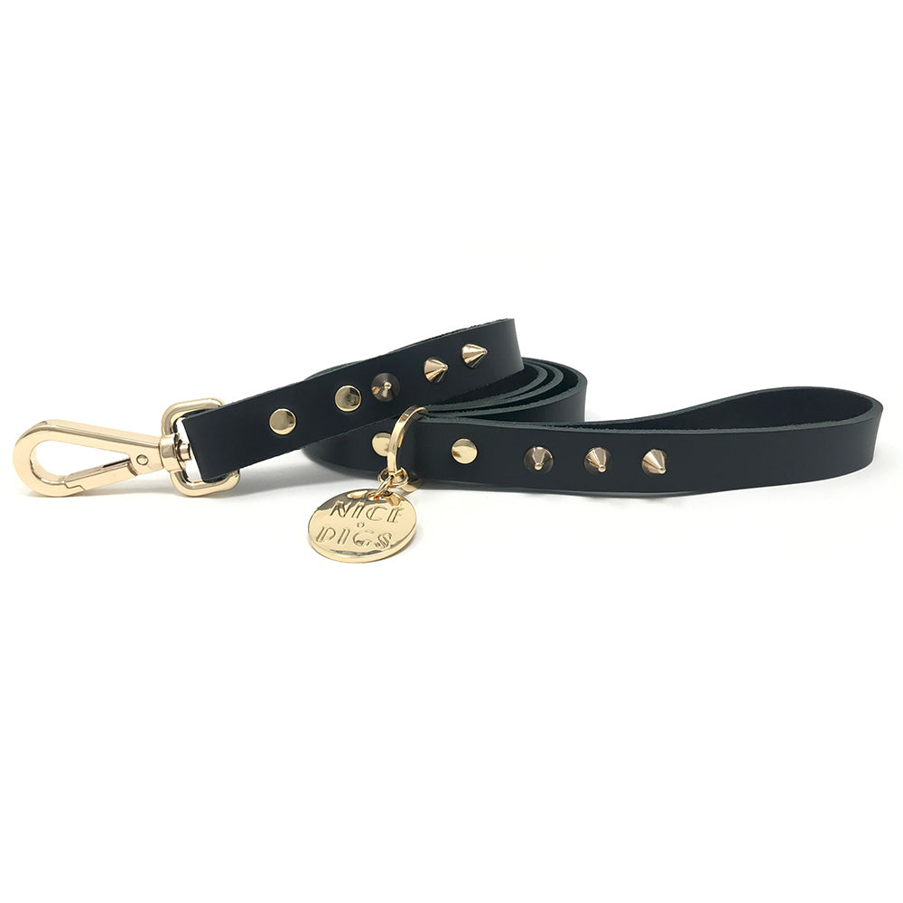 Nice Digs Smooth Spike Leather Dog Lead - Gold Noir